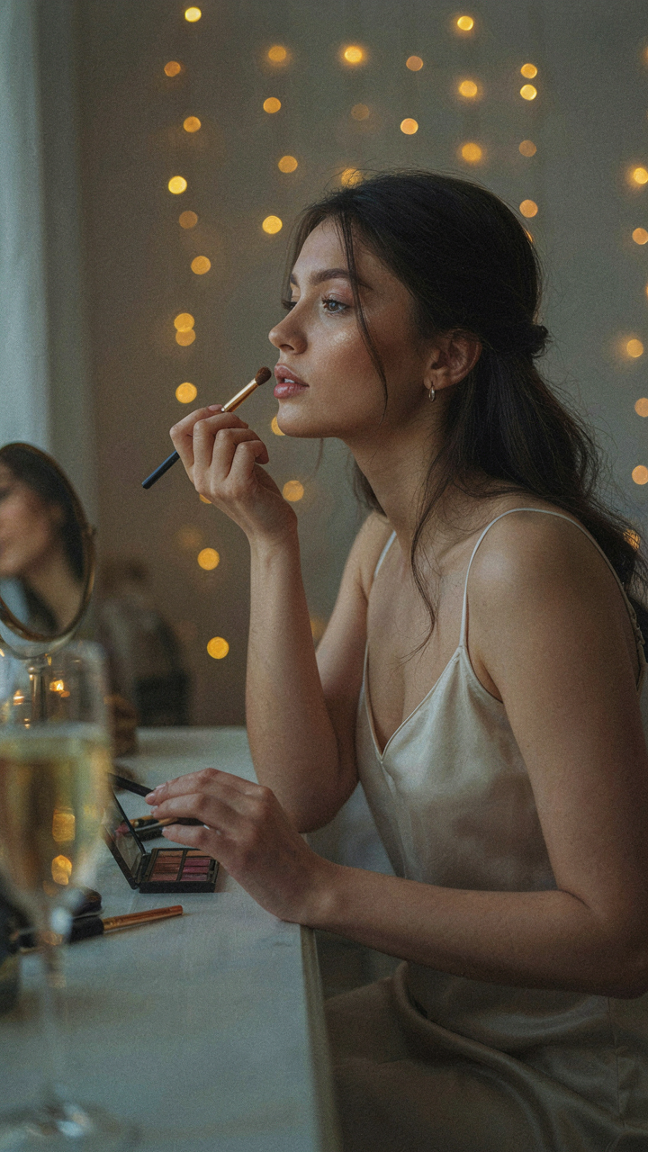 A woman applies light makeup with a brush, her face softly lit for a celebration.