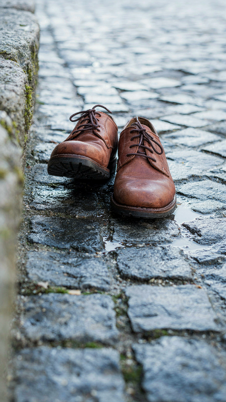 A close up of sturdy leather shoes with rubber soles gripping wet cobblestones.