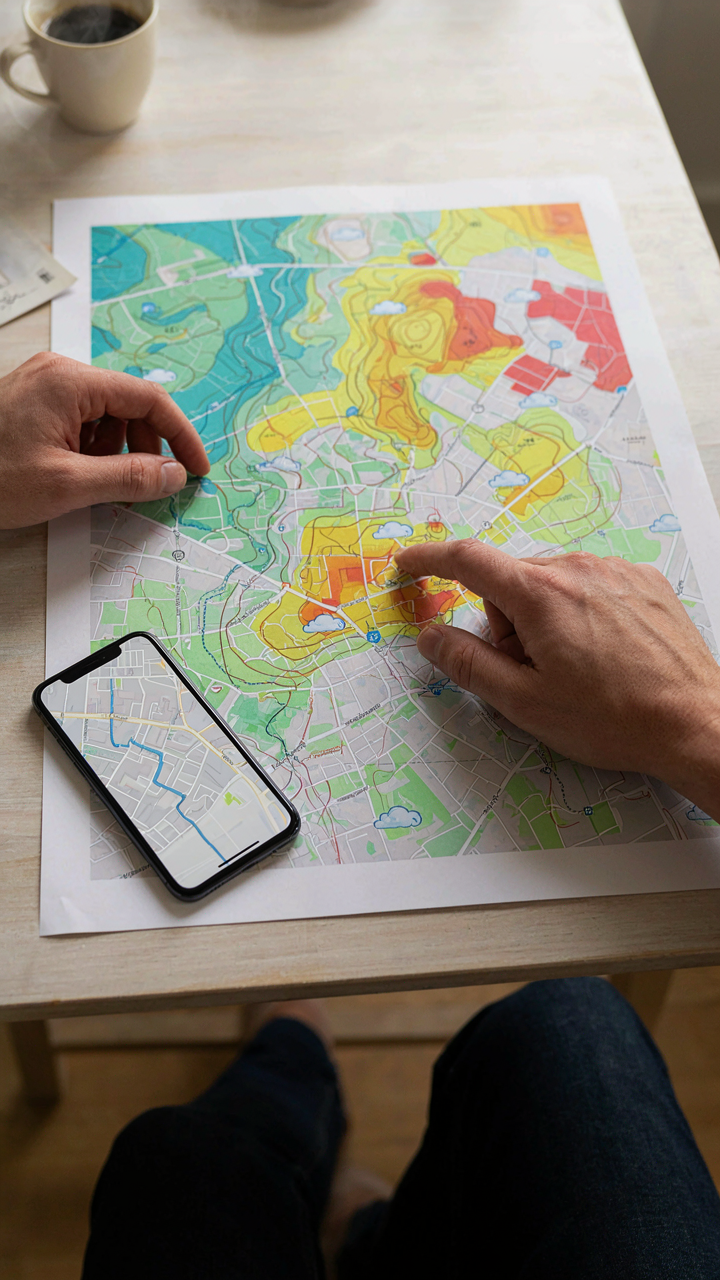A hand points at a detailed weather map and a city street map on a smartphone.