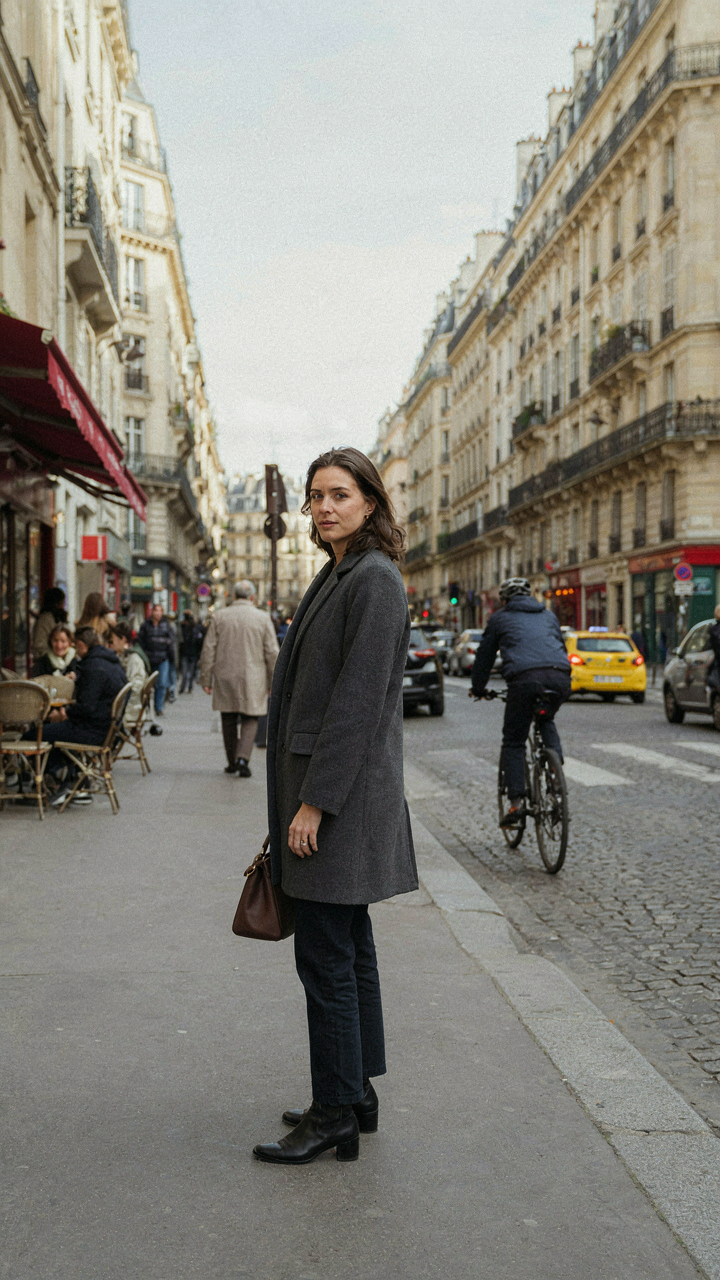 A woman in a well-fitting charcoal coat walks smoothly on a busy street.