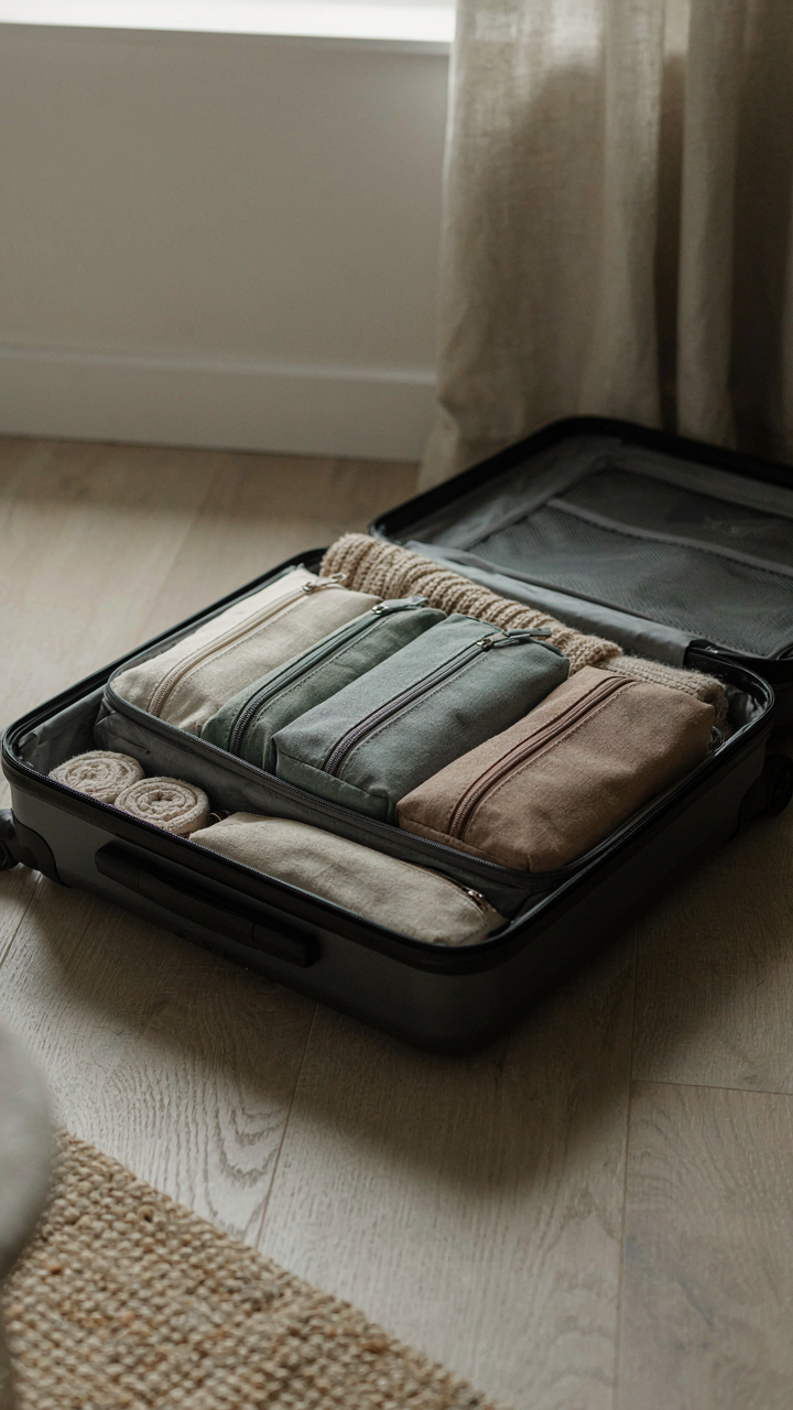An open suitcase shows clothes organized neatly in packing cubes.