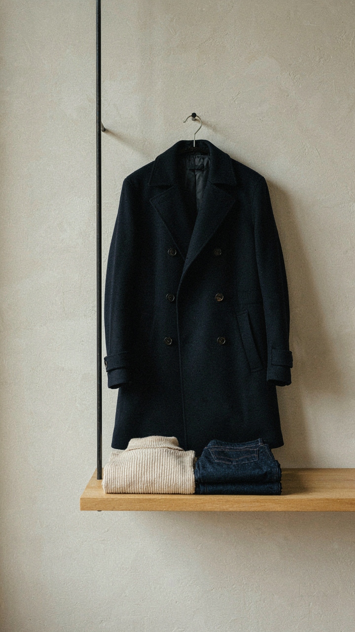 A classic navy wool coat and folded neutral clothing on a rack.