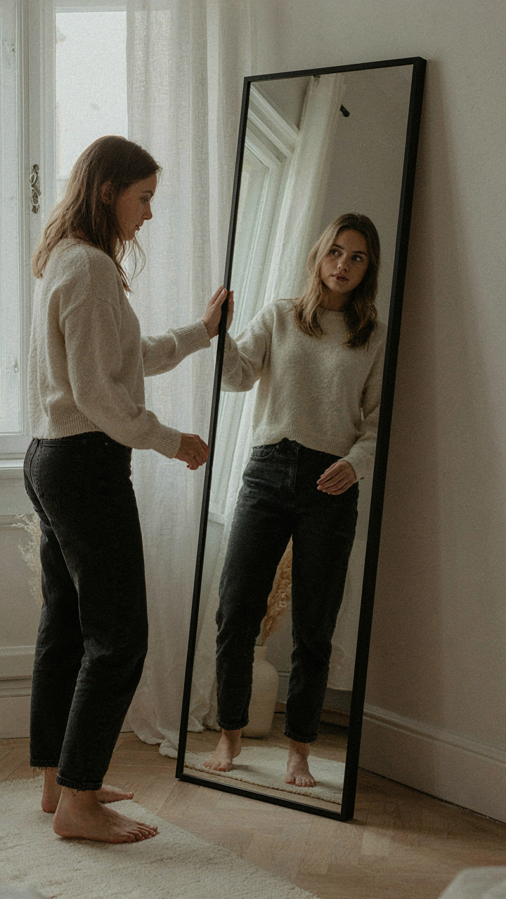 A woman thoughtfully examines her appearance in a mirror.