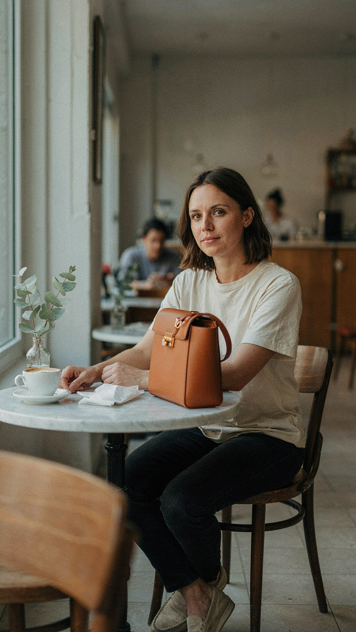 A woman at a cafe wearing a simple shirt, with a structured bag and leather shoes.