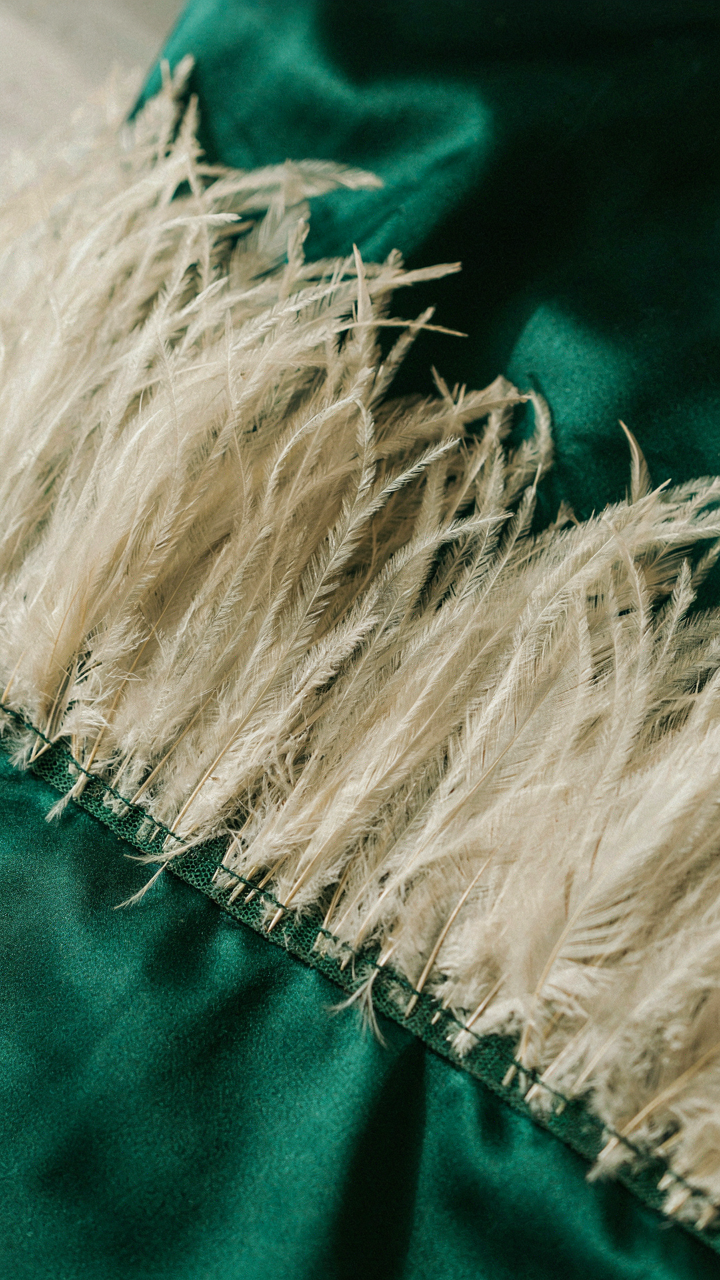 A magnified view of feather trim stitched onto deep emerald fabric.