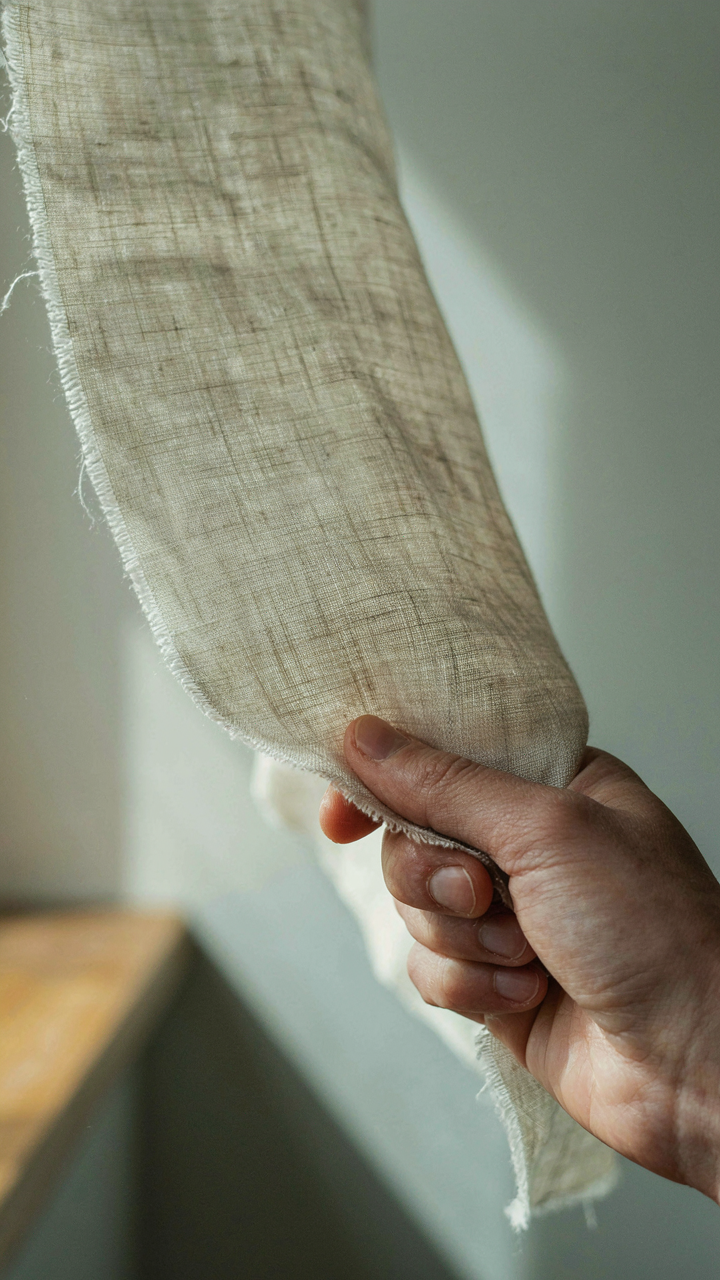 Hand holding a piece of light linen fabric in sunlight.