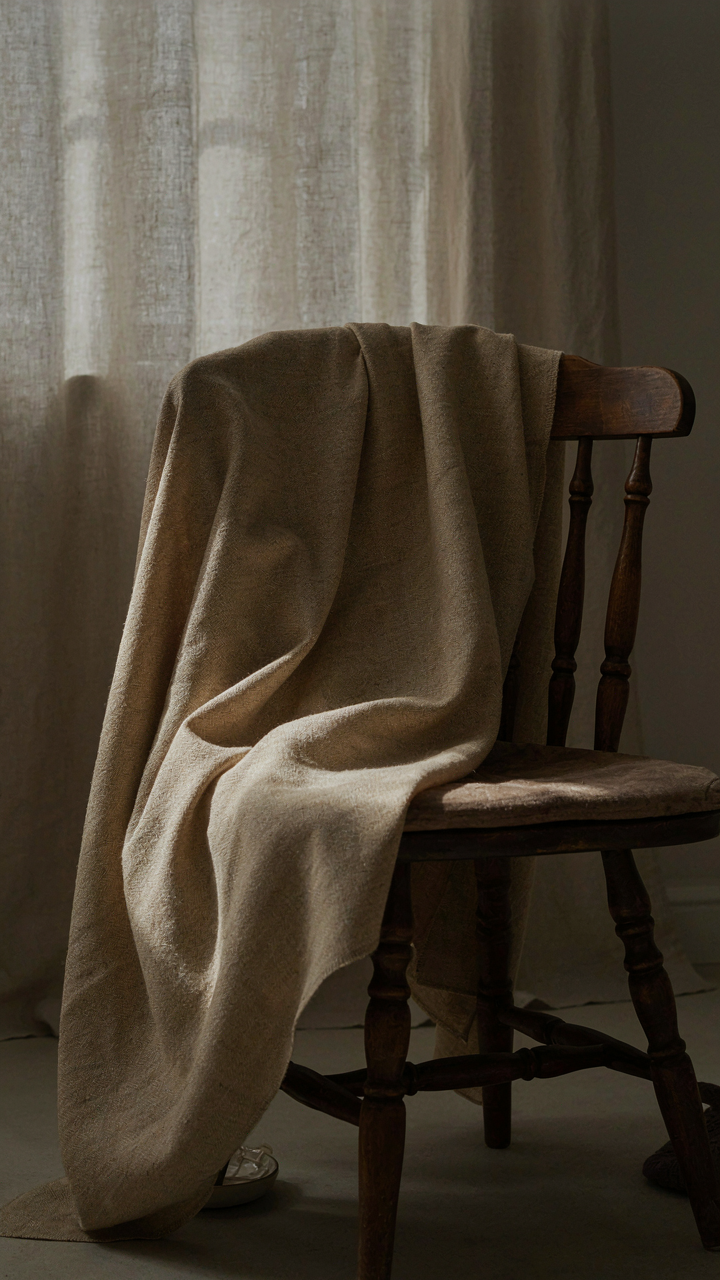 Luxurious wool fabric draped elegantly over a chair, showing its folds.
