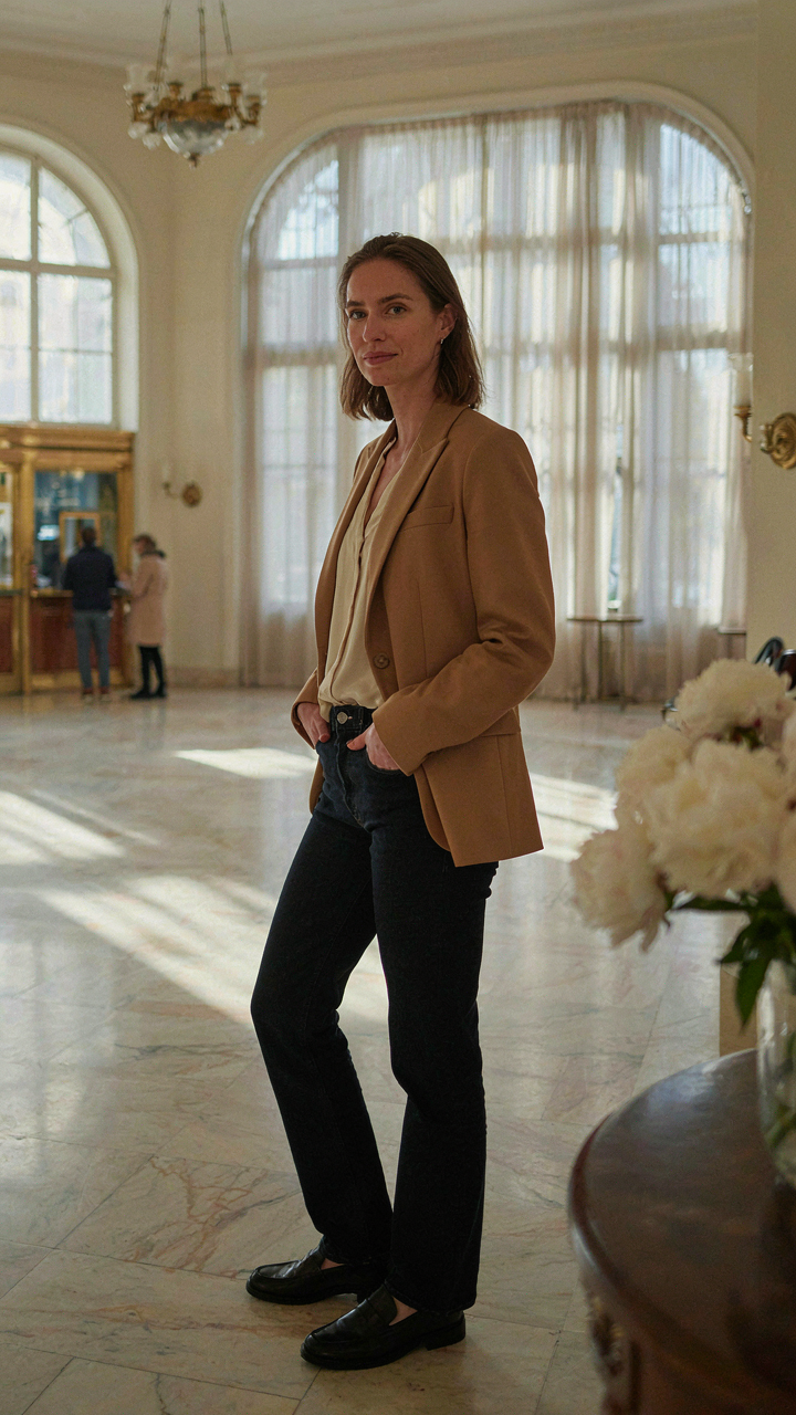 Woman in a blazer and jeans at a matinee in a sunny theater lobby.