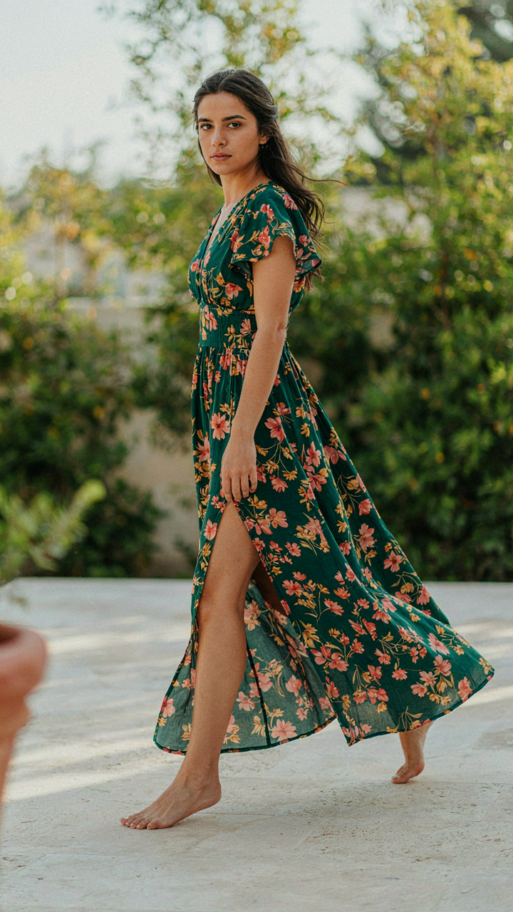 A woman in a floral maxi dress with a deep front slit takes a large step.