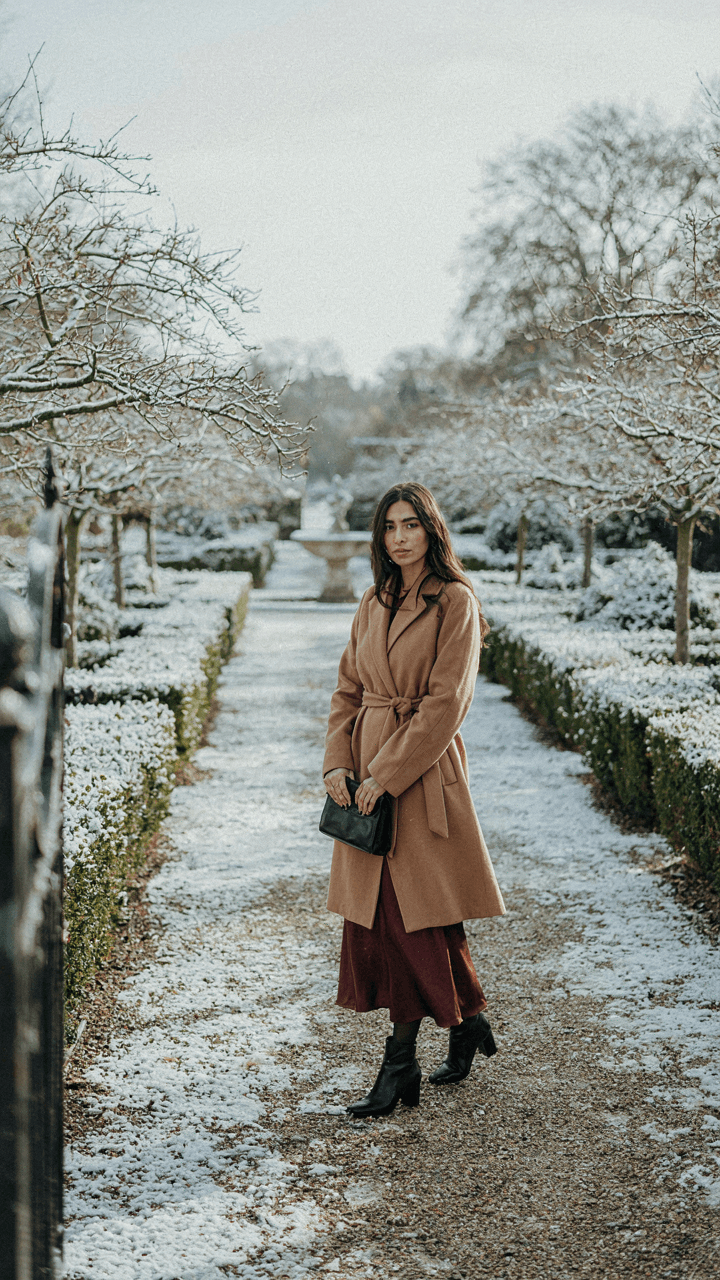 A woman in a winter wedding guest dress and coat walks through a snowy garden.