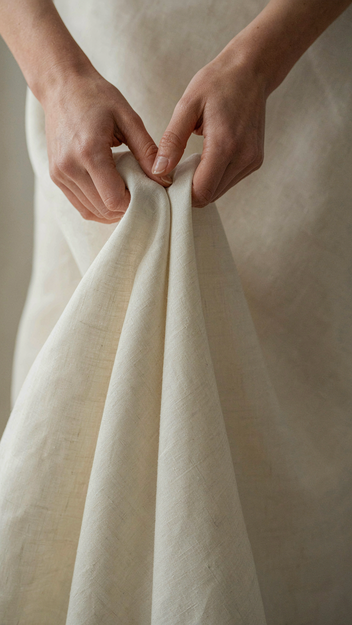 Hands gently touch a luxurious silk-linen blend fabric, showing its elegant drape.