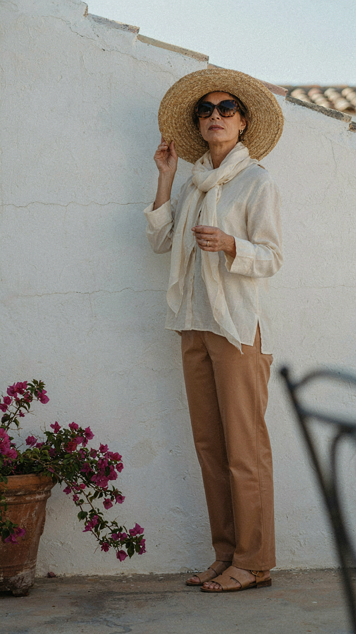 Woman wearing a wide-brimmed straw hat and a light scarf.