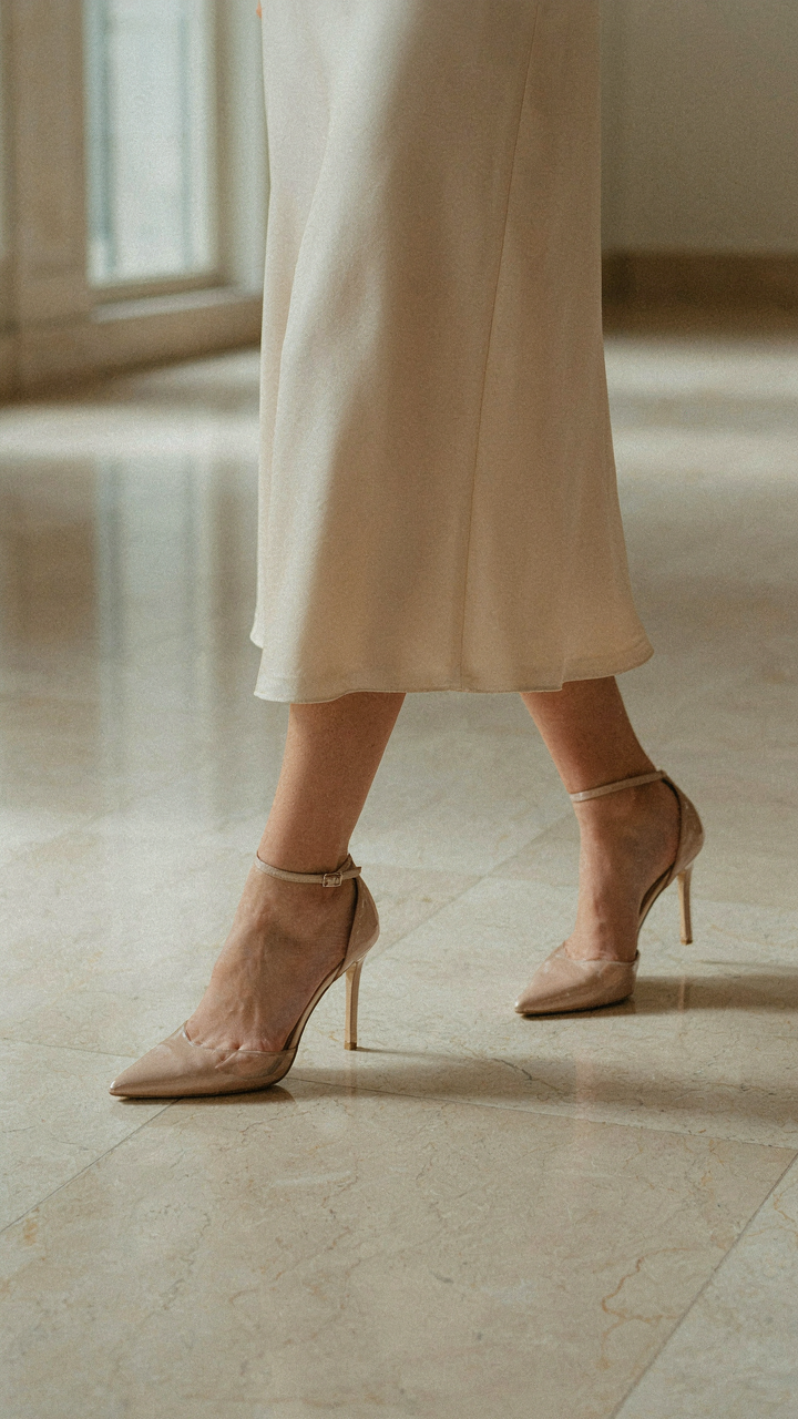 A woman's legs in heels, with a midi dress hem at mid-calf, walking on a floor.