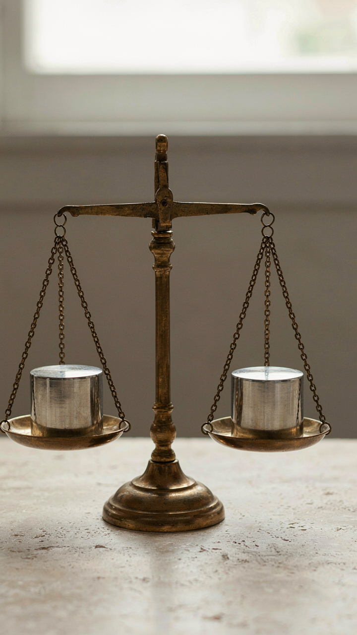 A classic balance scale with two balanced weights.