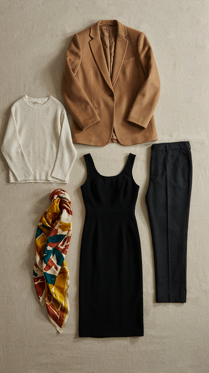 Five versatile clothing items including a jacket, dress, and trousers.
