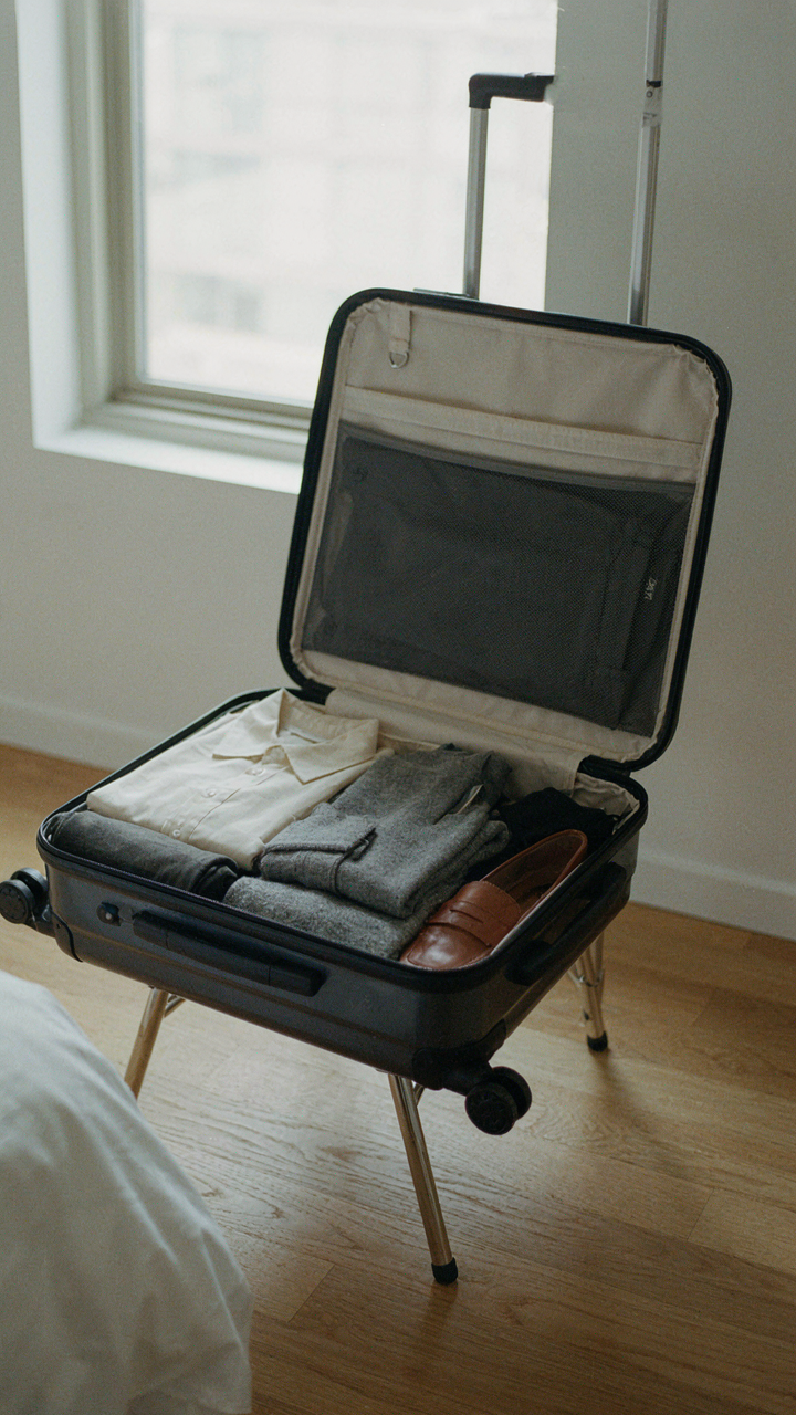 Five core neutral clothing pieces packed efficiently in a carry-on suitcase.