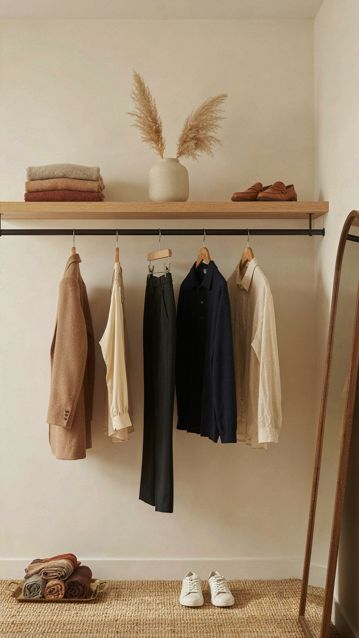 A minimalist closet with versatile business casual clothes on hangers.