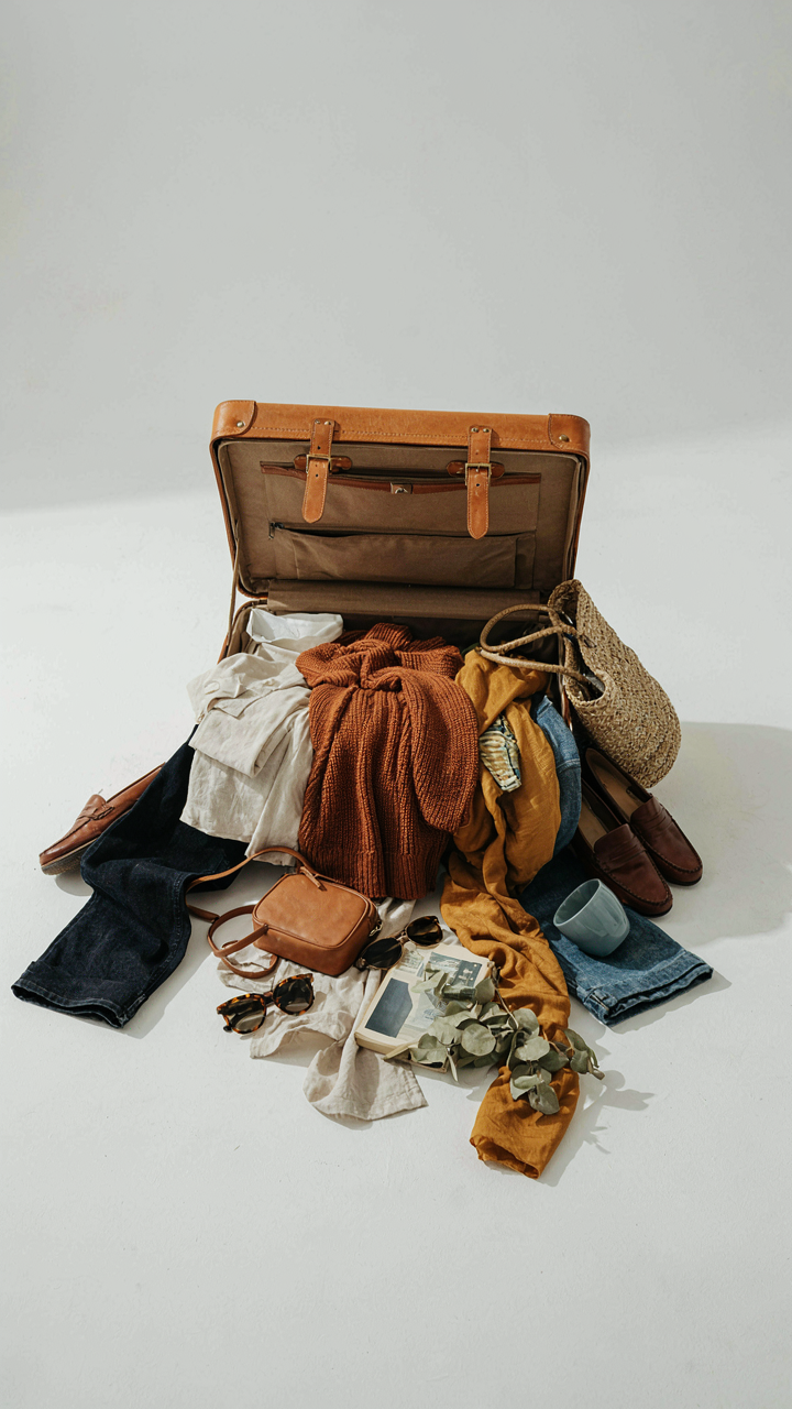 A small, overstuffed suitcase bursts open, spilling clothes onto a white floor.