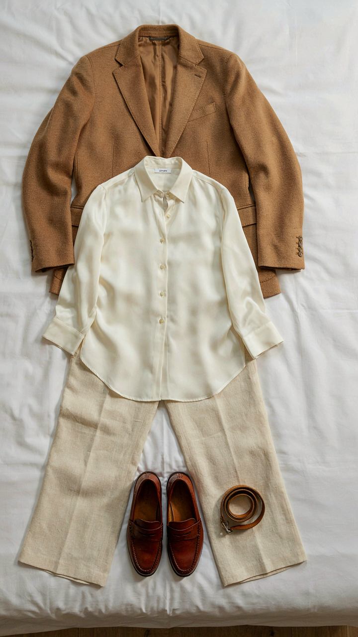 A minimalist capsule wardrobe with five neutral clothing items is on a hotel bed.