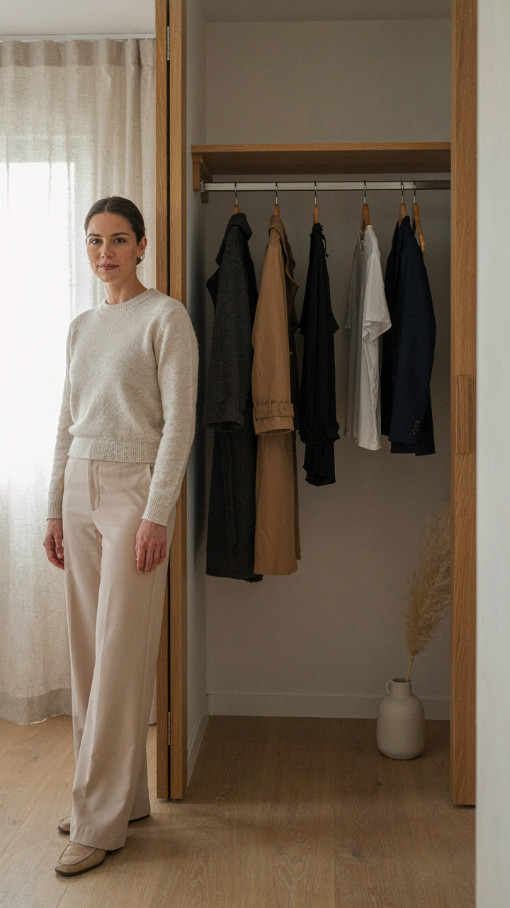 A minimalist closet with a few perfectly fitting clothes for a petite woman.