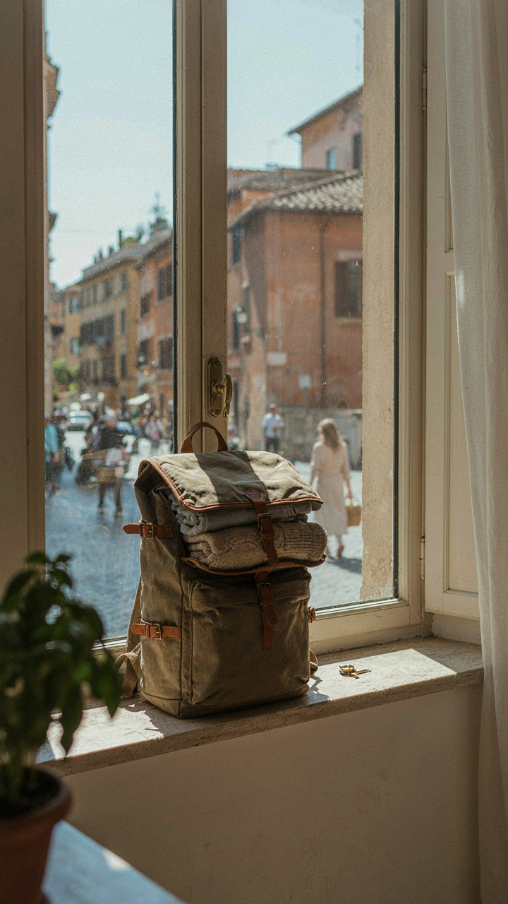 A single backpack sits by a window overlooking a busy Roman street.