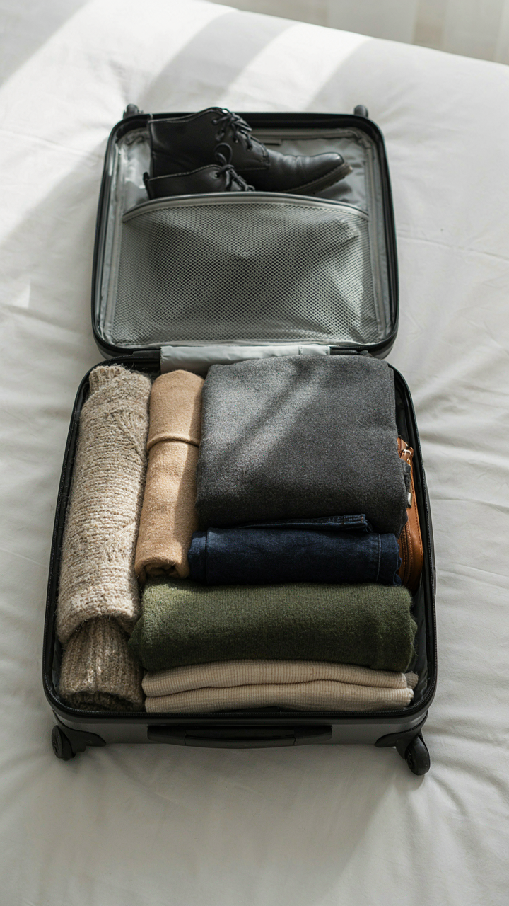 An open suitcase shows a neatly packed Scandinavian winter capsule wardrobe.