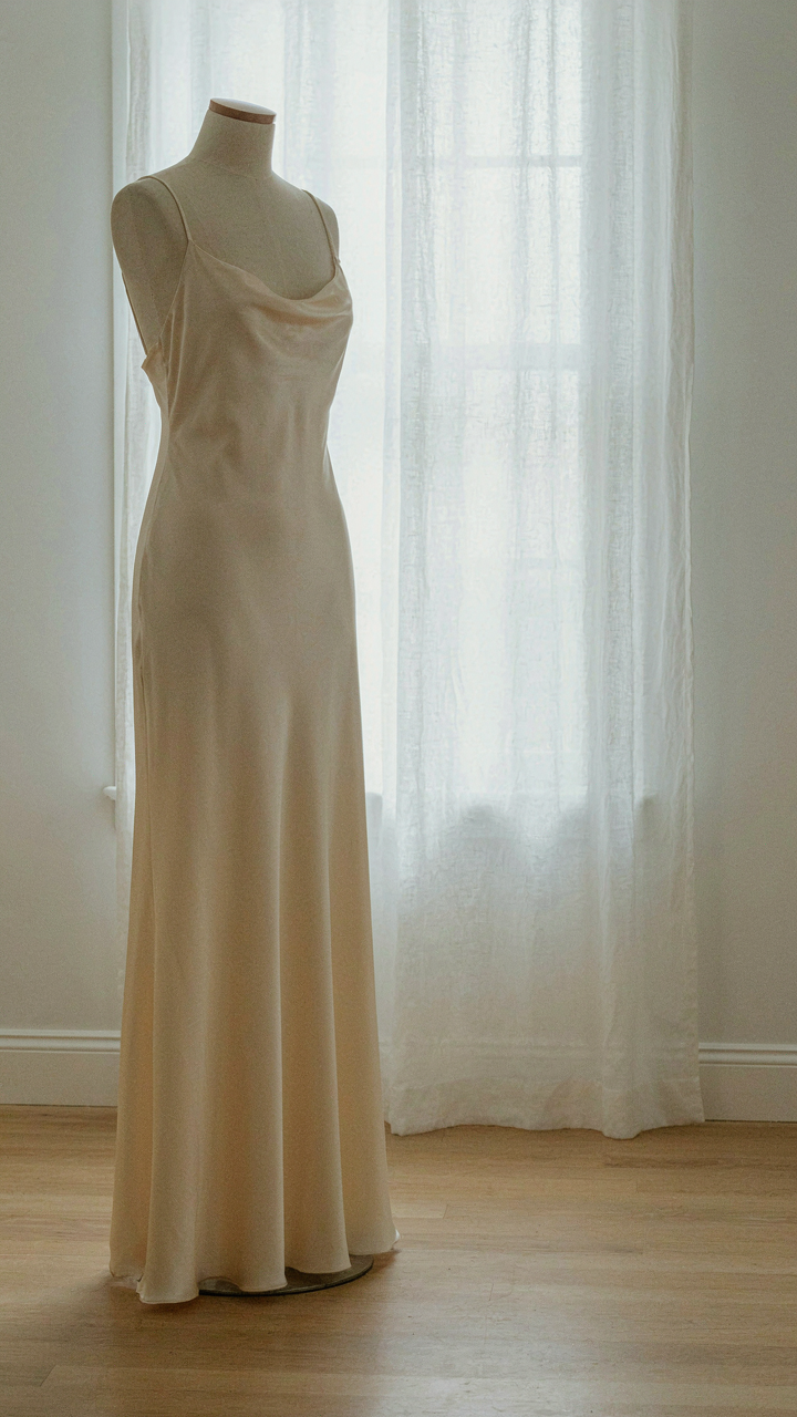 Elegant silk satin dress in a soft neutral color draped on a mannequin.
