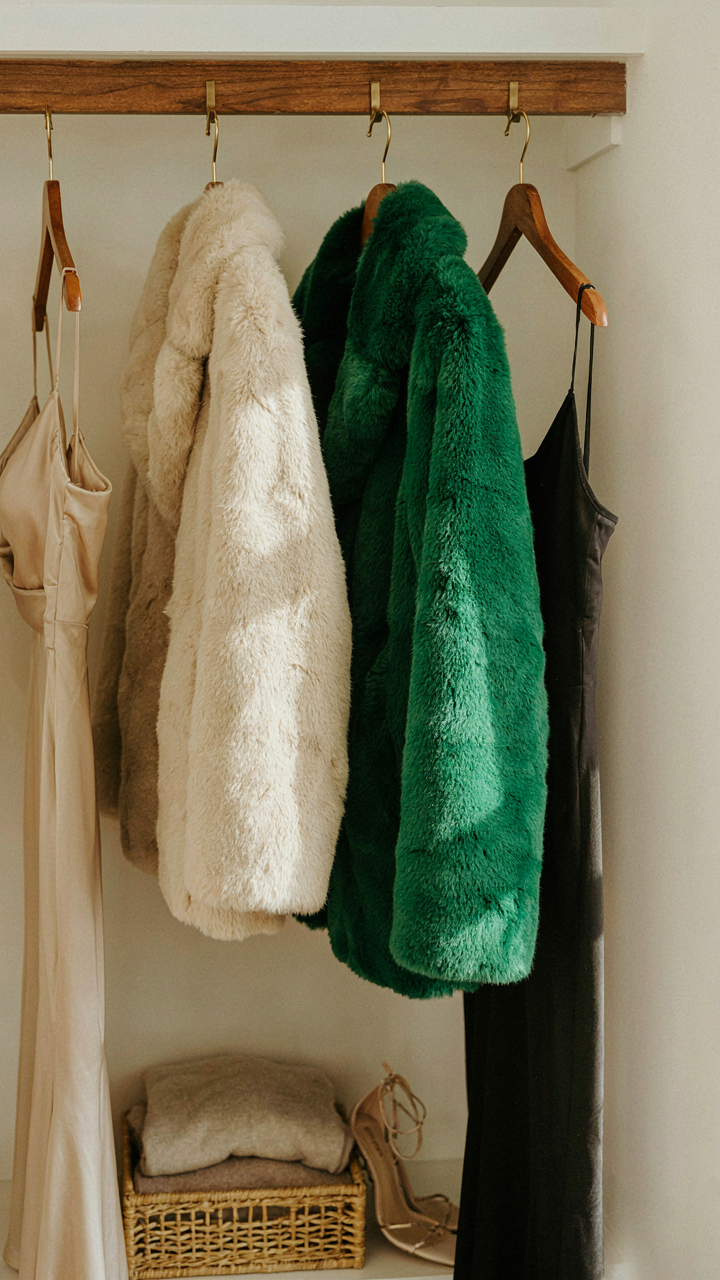 A neatly organized closet displays two faux fur coats and evening wear.