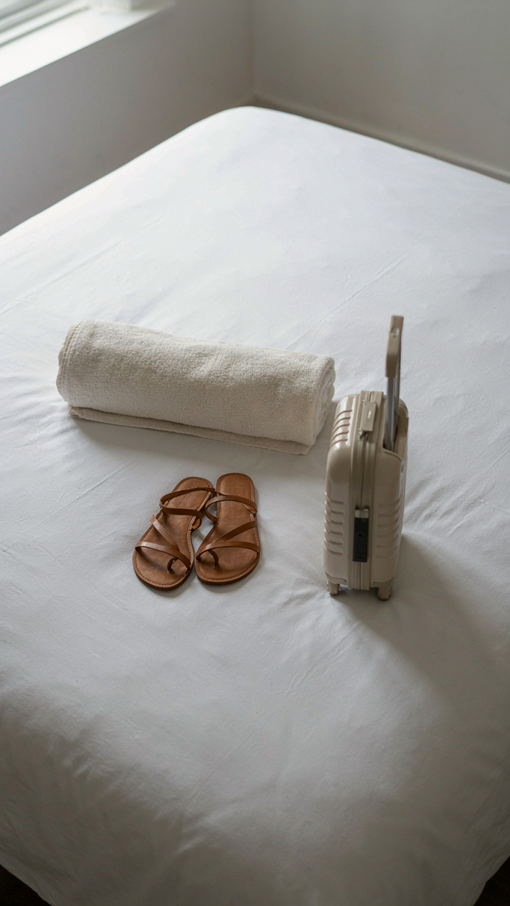A minimalist packing scene with one rolled dress and sandals for a destination wedding.