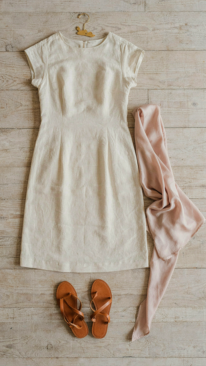 Three essential beach formal attire women pieces: a linen dress, silk wrap, and leather sandals.