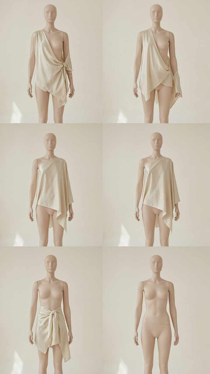 A silk wrap is shown in three different styles on a mannequin.