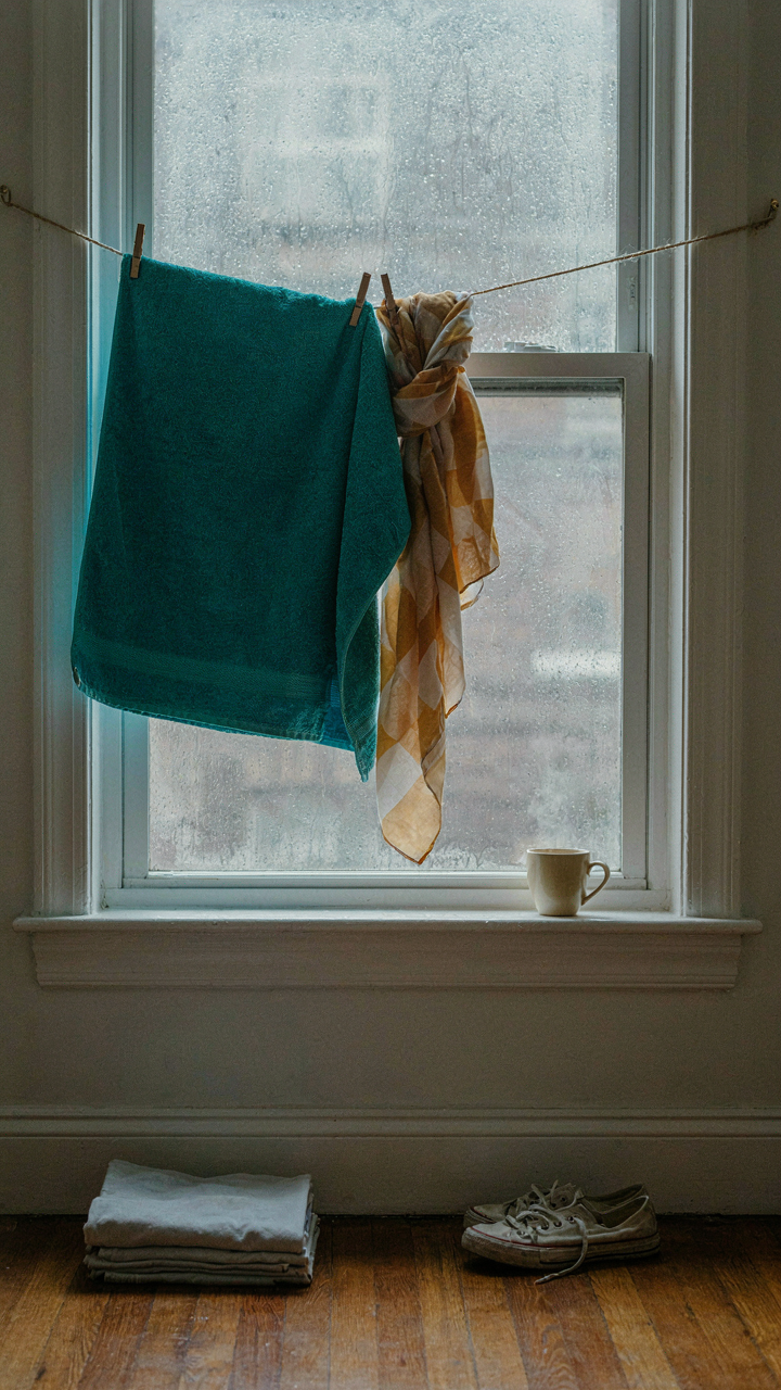 Quick-dry accessories like a towel and scarf hang to dry indoors.