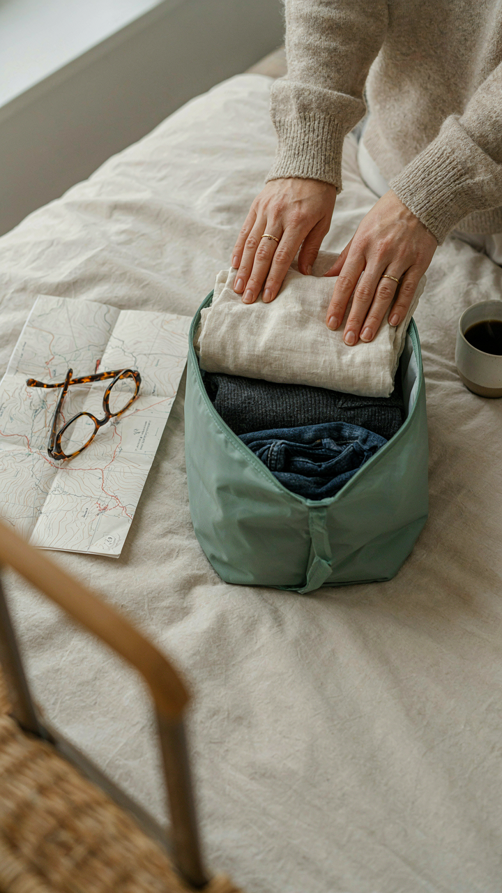 Hands carefully folding clothes into a packing cube next to a travel map.