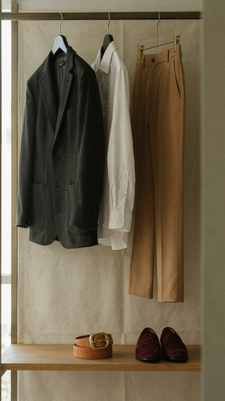 A neatly organized closet shows a few core wardrobe pieces with accessories.