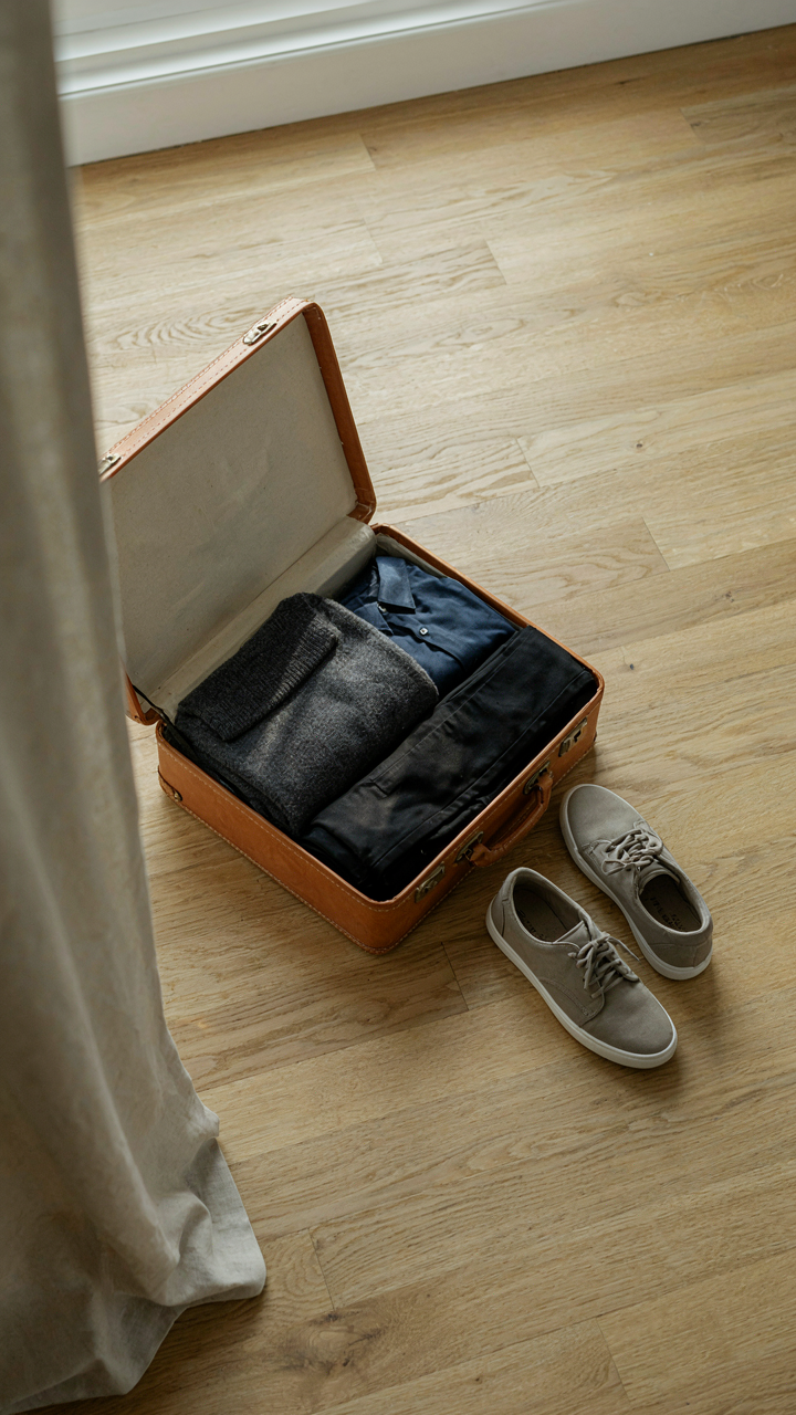 A small suitcase with a minimalist wardrobe of neutral-colored clothes.