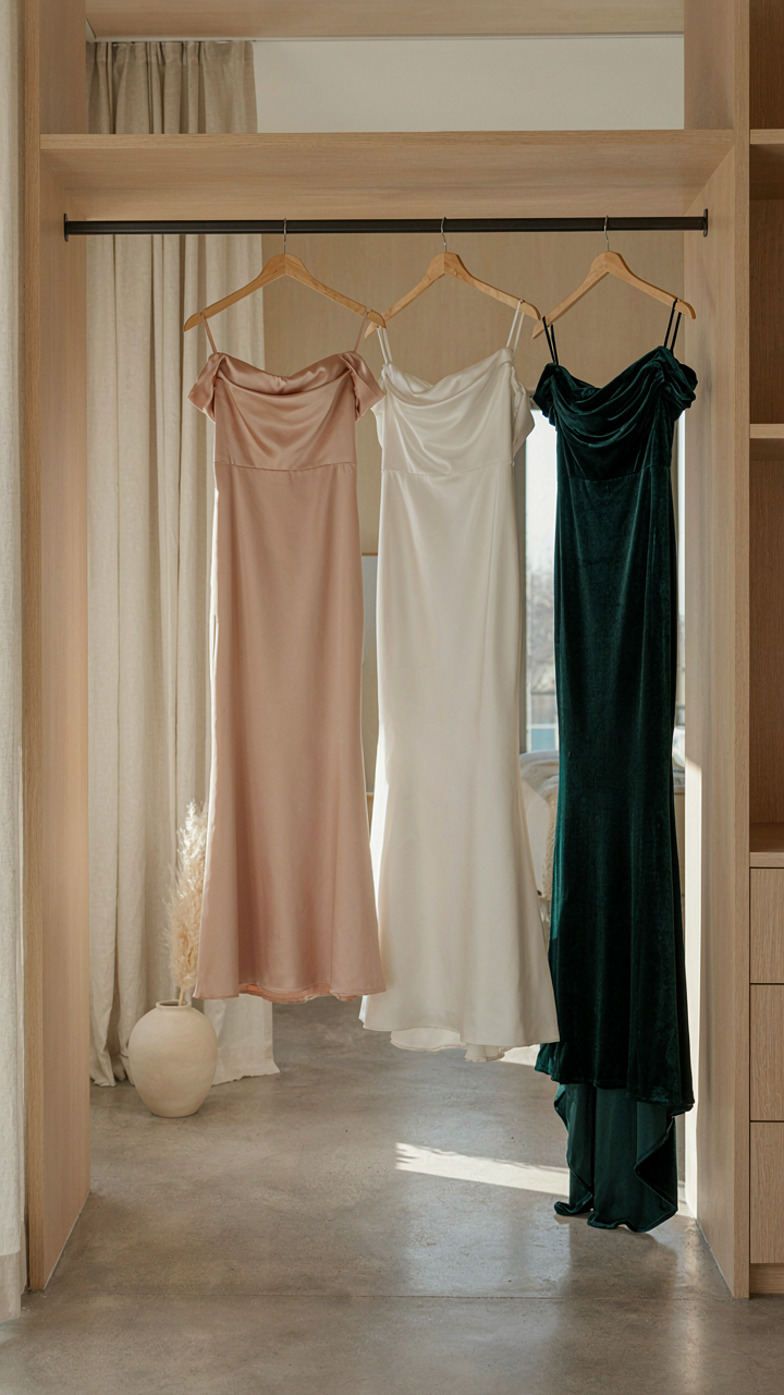 Minimalist closet showing three high-quality off shoulder cocktail dresses.