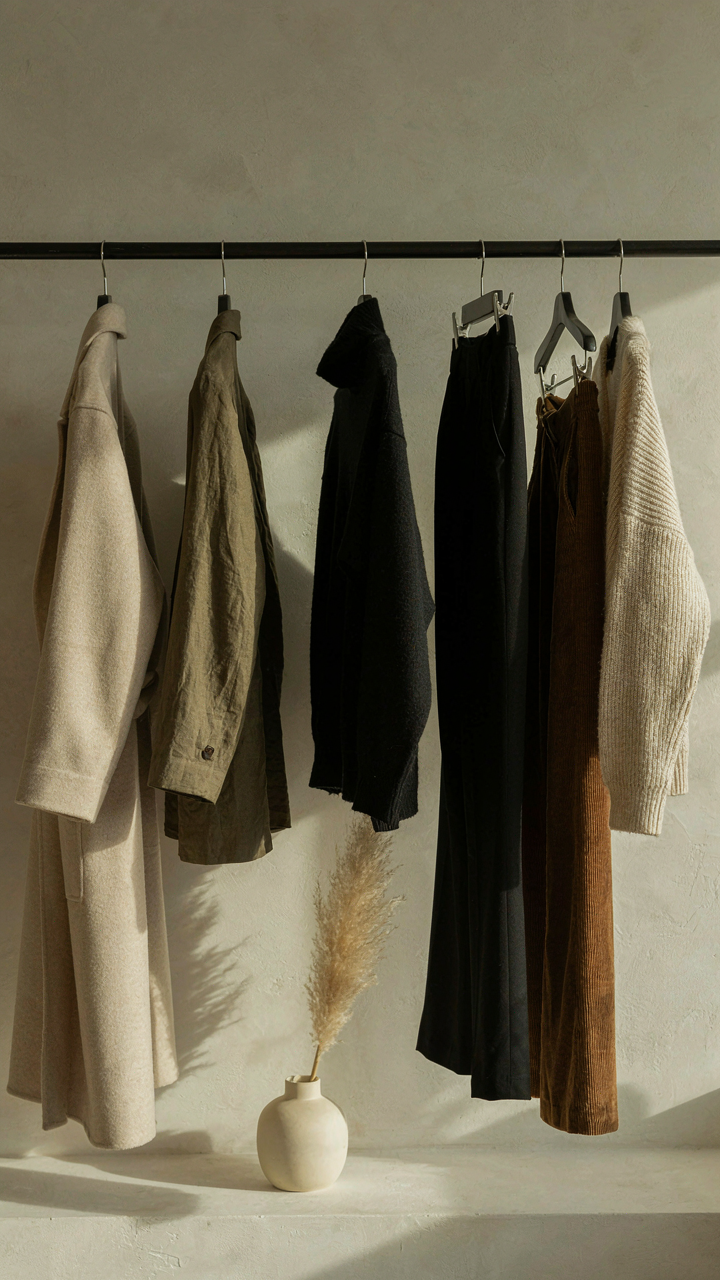 A minimalist wardrobe with black, cream, and olive clothing on a rail.