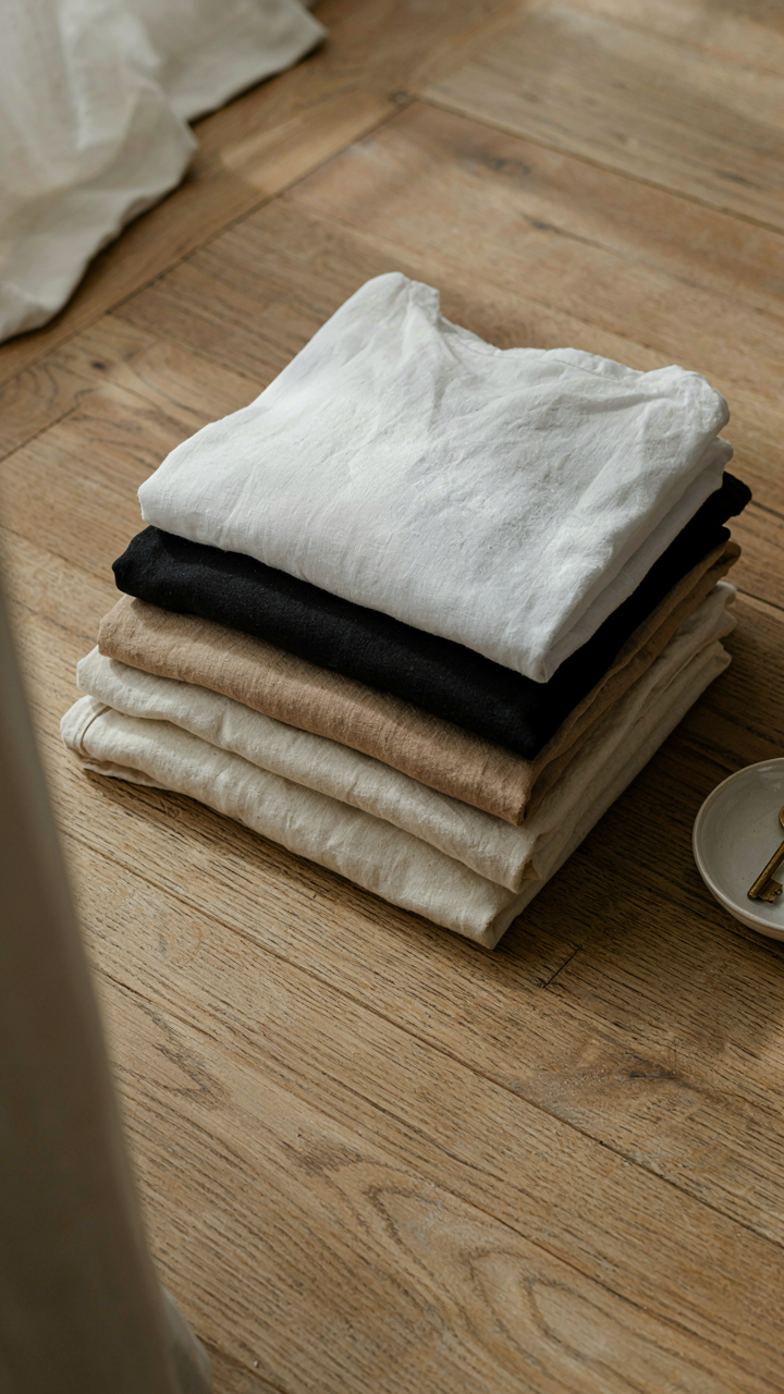 A neat stack of white, black, tan, and cream solo beach trip outfits.