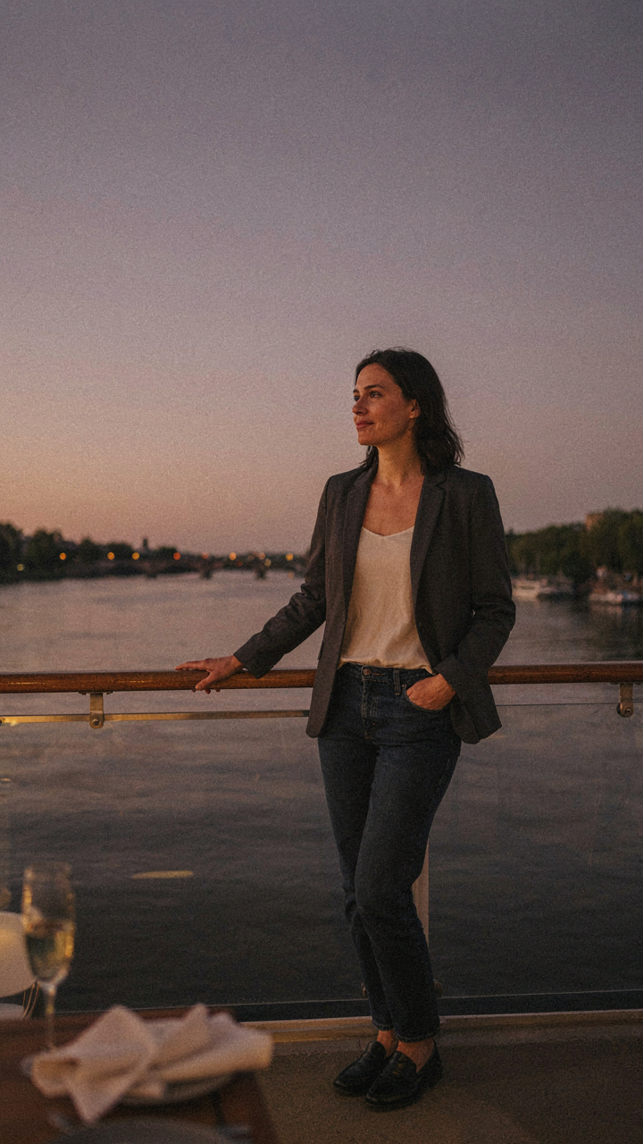 A woman on a river cruise deck, demonstrating a versatile evening outfit.