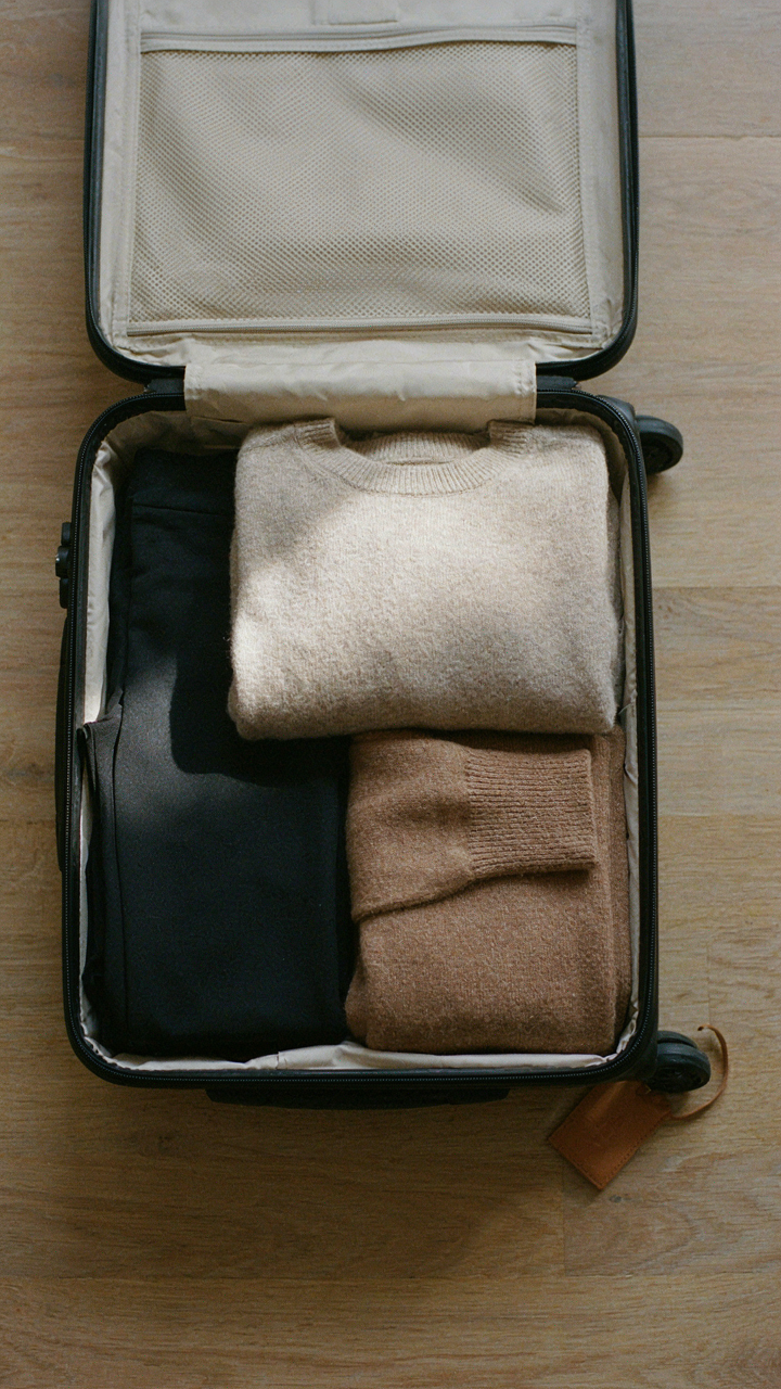 Small capsule wardrobe of neutral, interchangeable long haul flight outfit items.