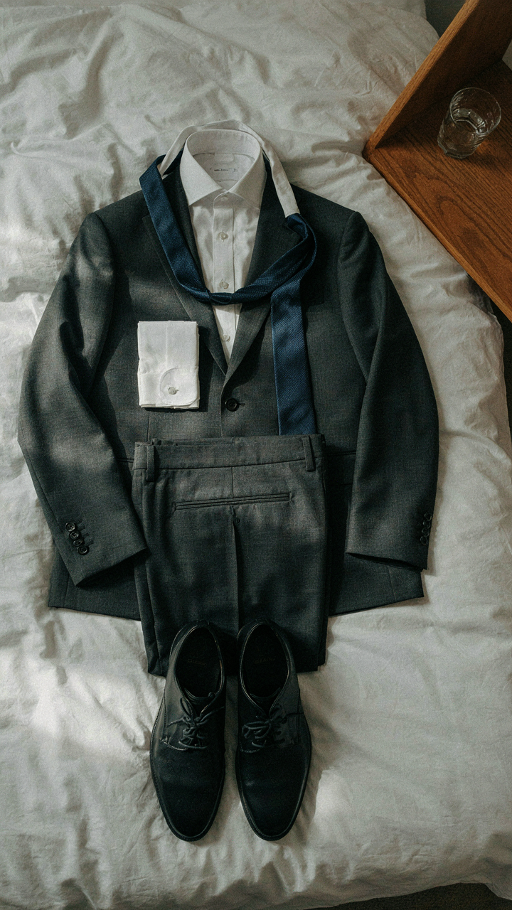 A dark suit, white shirt, and polished shoes laid out carefully.