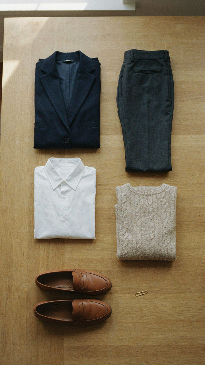 Five core dressy casual pieces are neatly folded on a light wooden table.