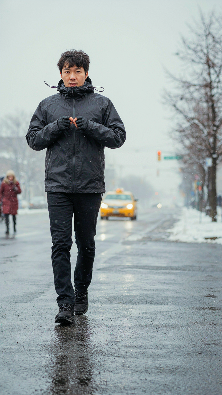 A person walks against wind and snow in a city.