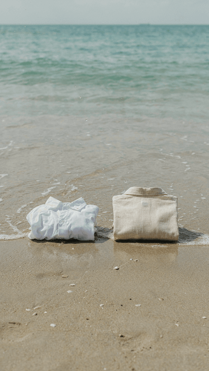 A crumpled cotton shirt next to a structured linen blend shirt on a sandy beach.