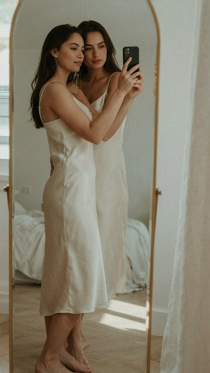 A woman in a stylish dress takes a mirror selfie, reflecting her confident pose.