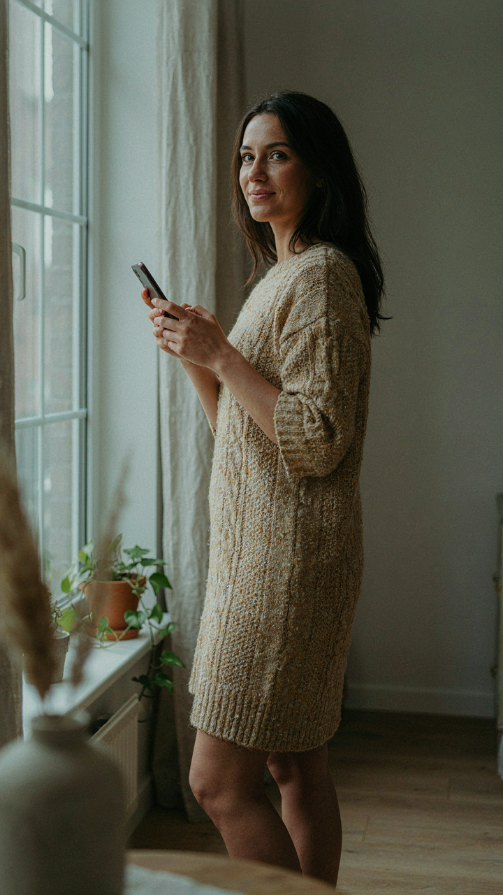Woman in a textured dress standing by a window, side light highlighting fabric for her mirror