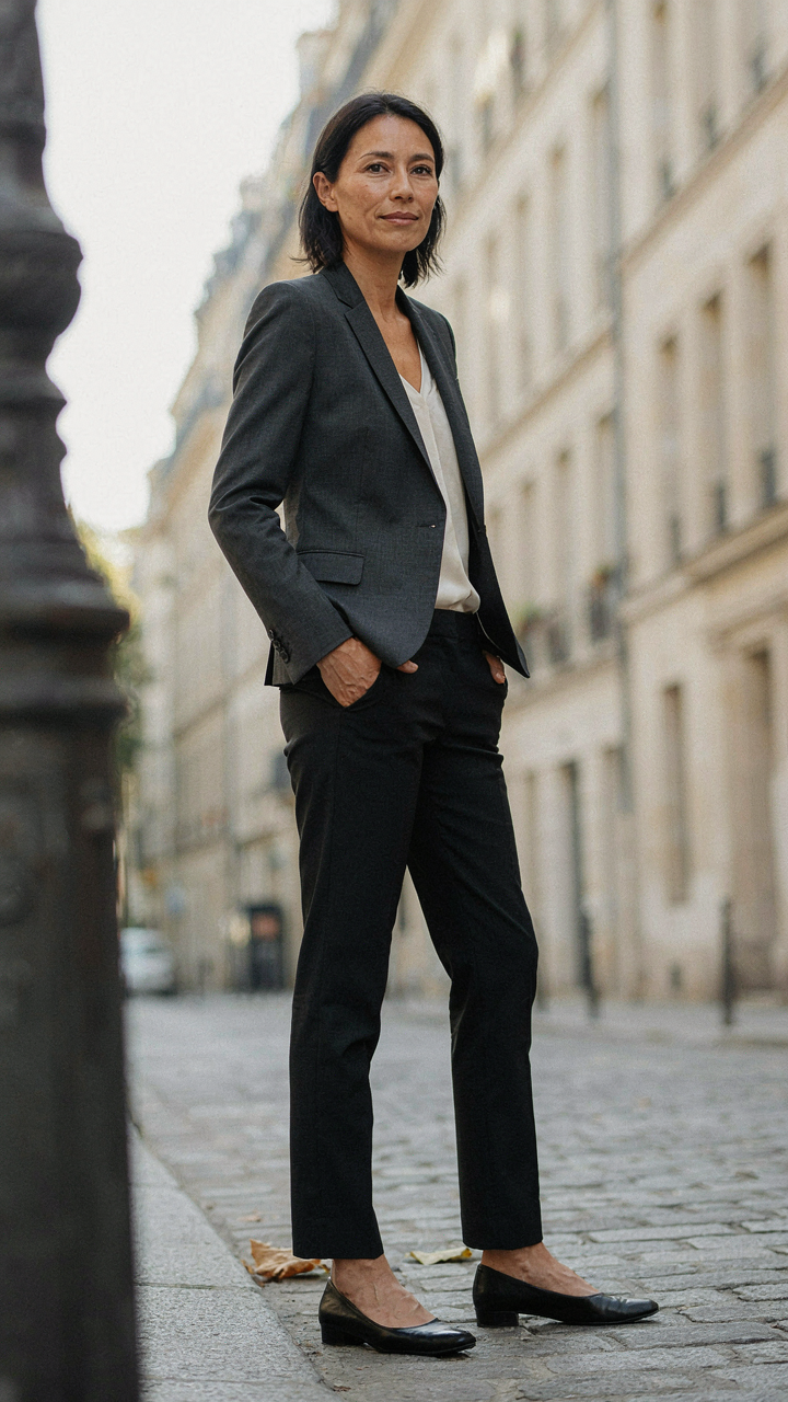 A woman in tailored black pants and a blazer looks confident.