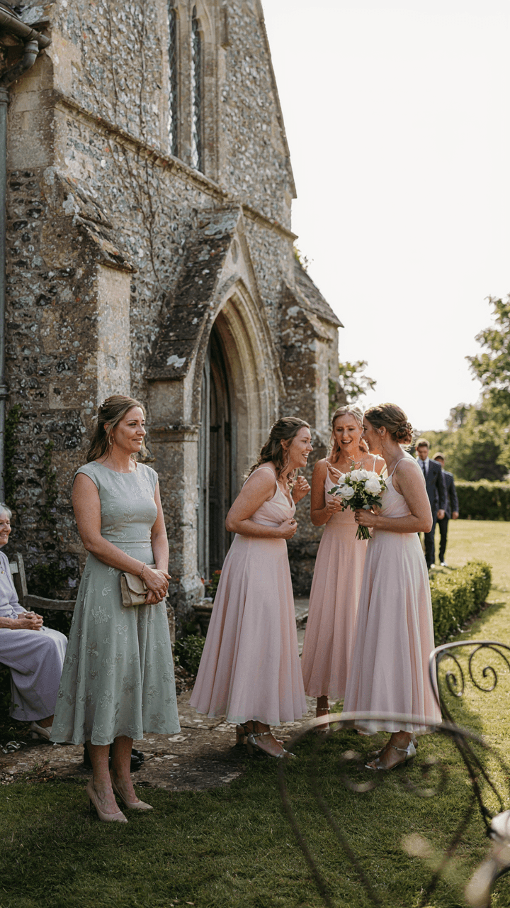 A church wedding guest, in a conservative dress, observes bridesmaids in sleeveless dresses.