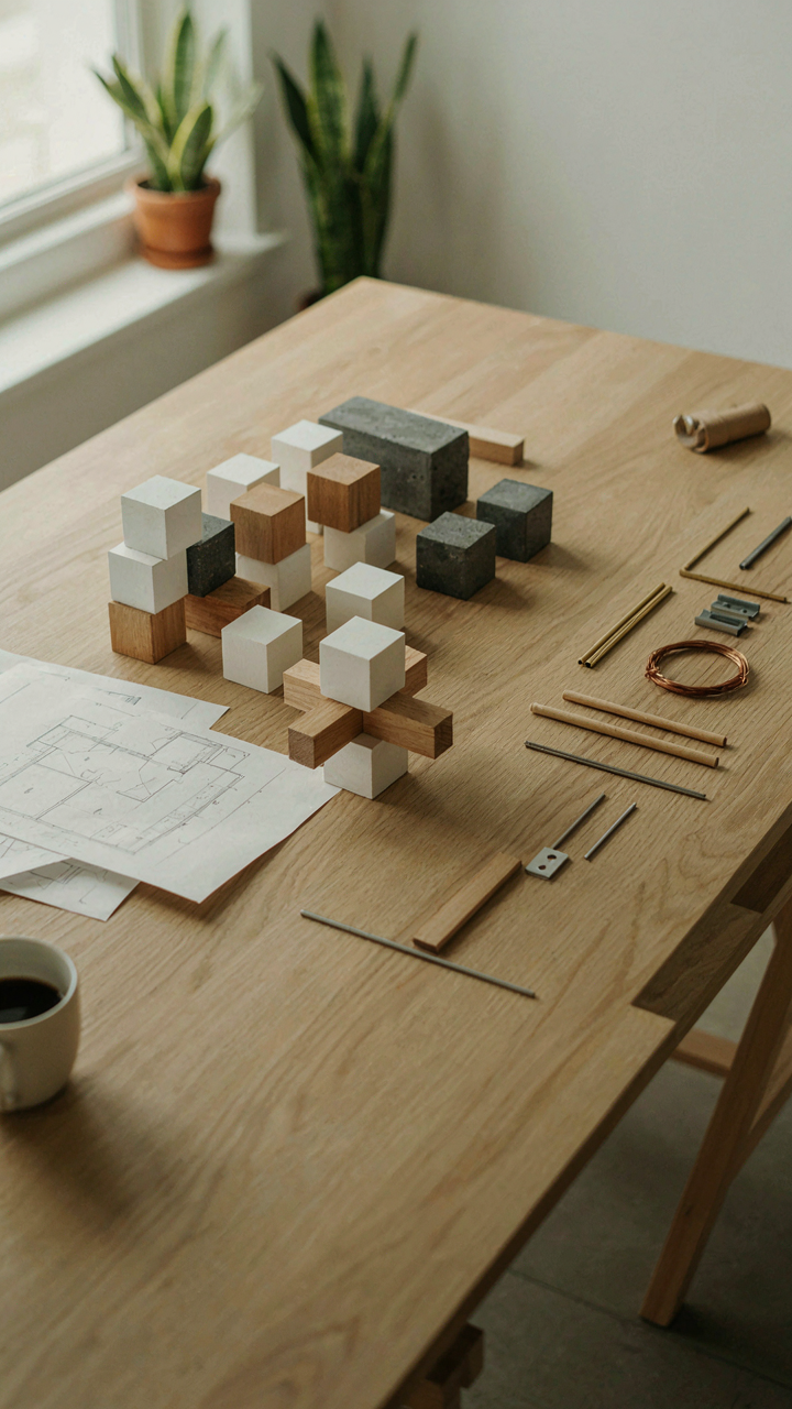 Architectural building blocks are systematically arranged on a drafting table.