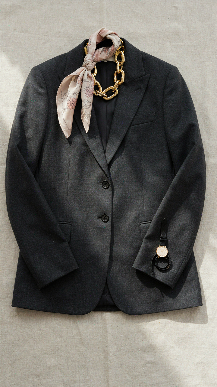A single blazer styled with three different accessories.